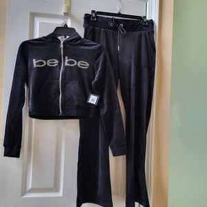 Bebe Black Velour Tracksuit 2 pieces set Jacket and Pants size S NWT